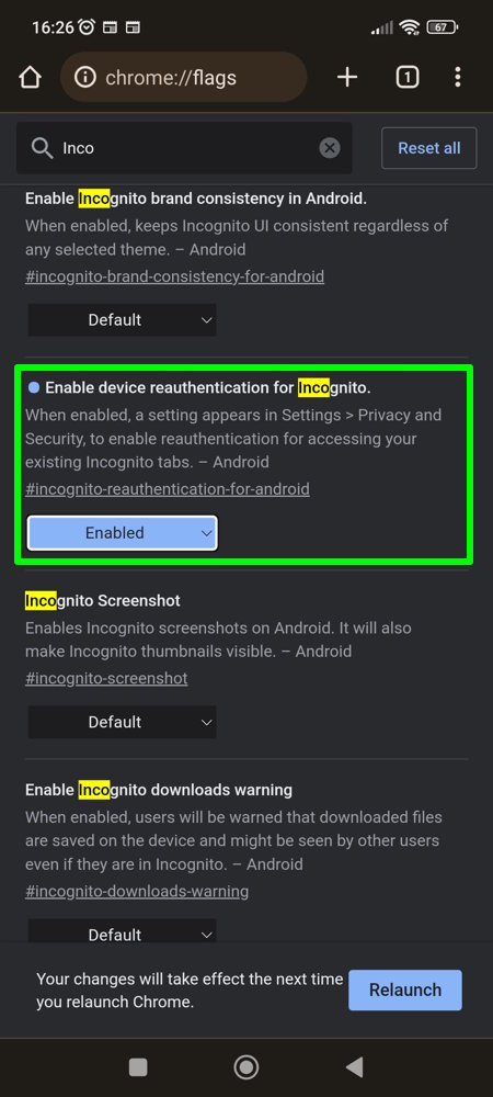 Enabling reauthentication in incognito browsing in Google Chrome for Android