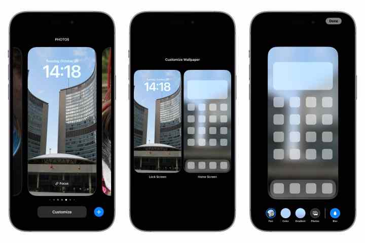 Three iPhones showing steps to customize home screen wallpaper from the lock screen in iOS 16.1.